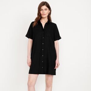 Old Navy Women’s Linen-Blend Dress Button-Down Midi Black Short Sleeve Size M
